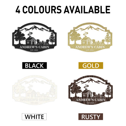 Personalized Cabin Metal Sign with Mountain and Firepit Scene, Custom Lodge Hanging Sign, Rustic Outdoor Decor, Established Year Gift for Cabin Owners