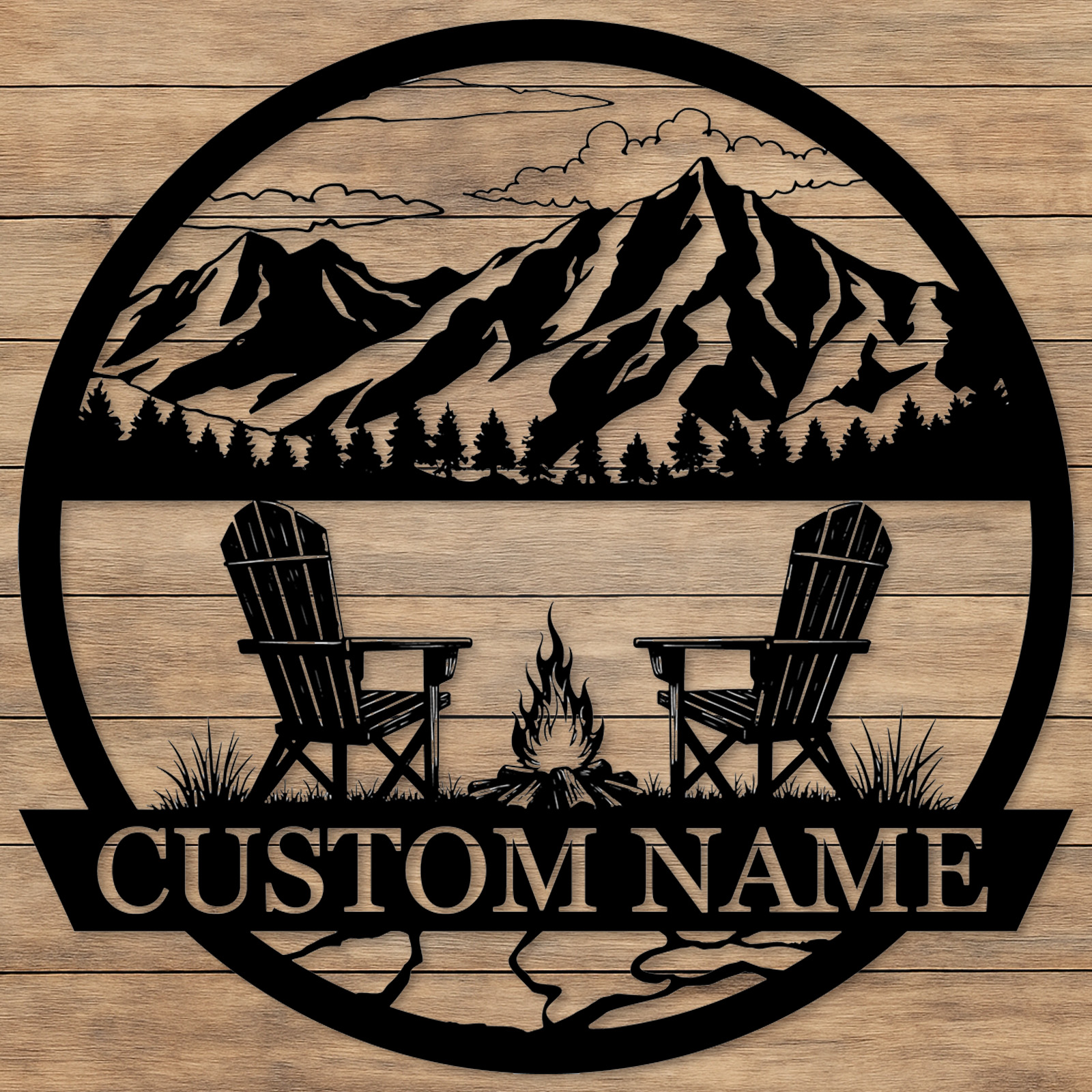 Custom Mountain Firepit Metal Sign, Personalized Chair and Peak Scene Wall Art for Cabin, Backyard or Outdoor Retreat Decor