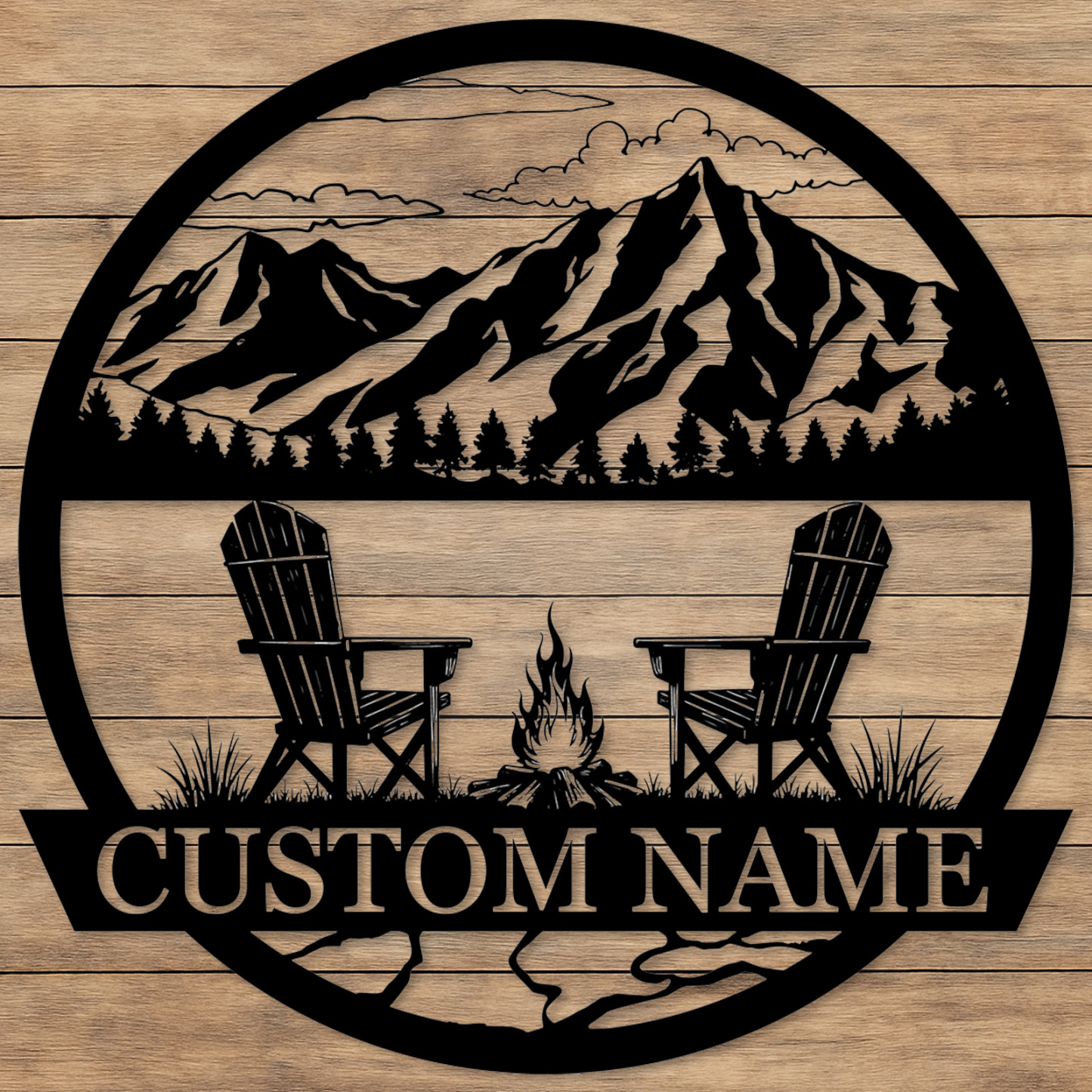 Custom Mountain Firepit Metal Sign, Personalized Chair and Peak Scene Wall Art for Cabin, Backyard or Outdoor Retreat Decor