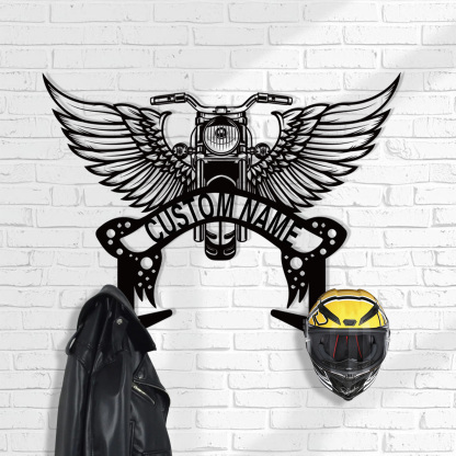 Personalized Winged Motorcycle Helmet Holder Wall Mount, Custom Metal Name Hook Rack, Biker Wall Art Organizer for Helmet, Jacket, Keys, or Gear