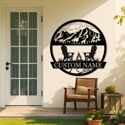 Custom Mountain Firepit Metal Sign, Personalized Chair and Peak Scene Wall Art for Cabin, Backyard or Outdoor Retreat Decor