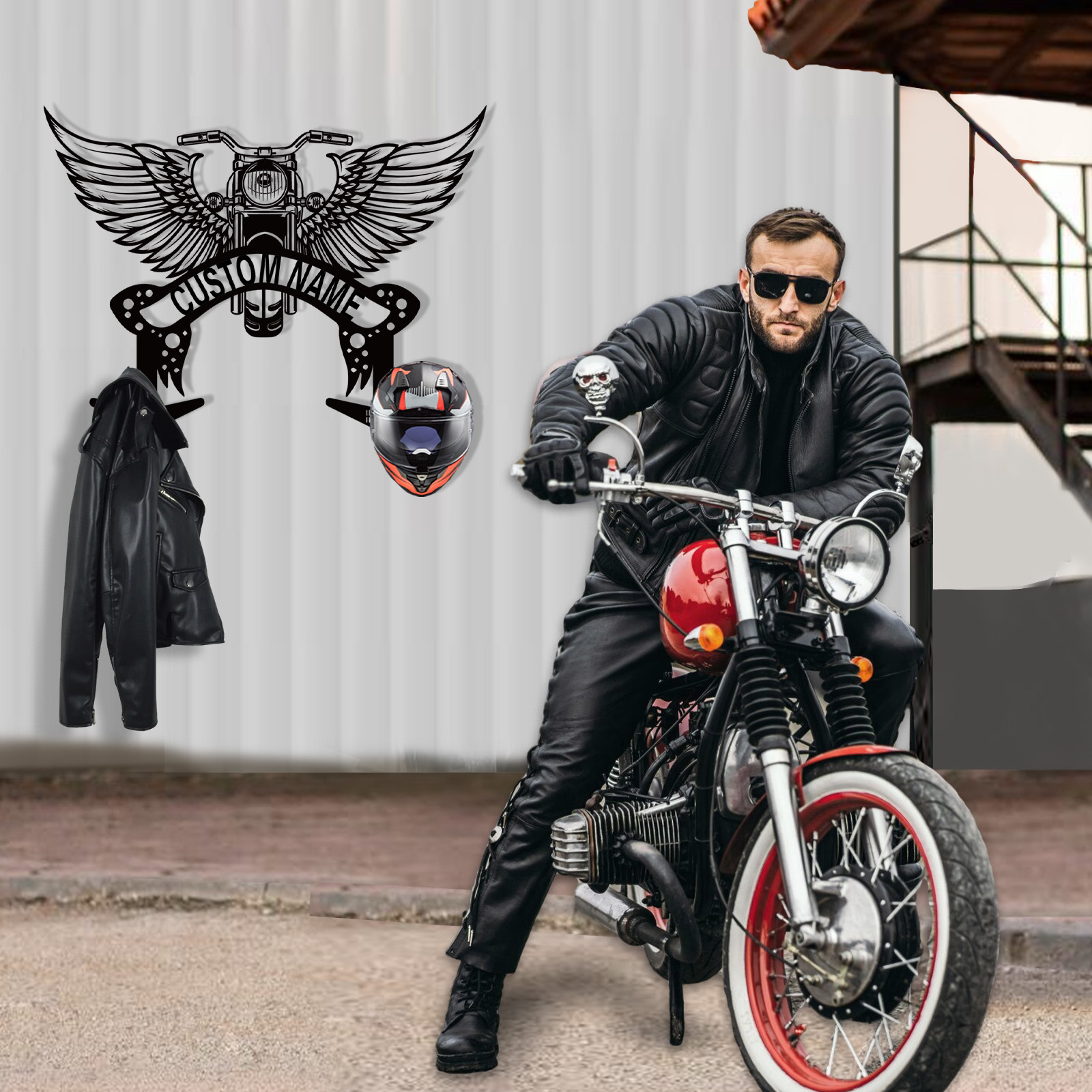 Personalized Winged Motorcycle Helmet Holder Wall Mount, Custom Metal Name Hook Rack, Biker Wall Art Organizer for Helmet, Jacket, Keys, or Gear