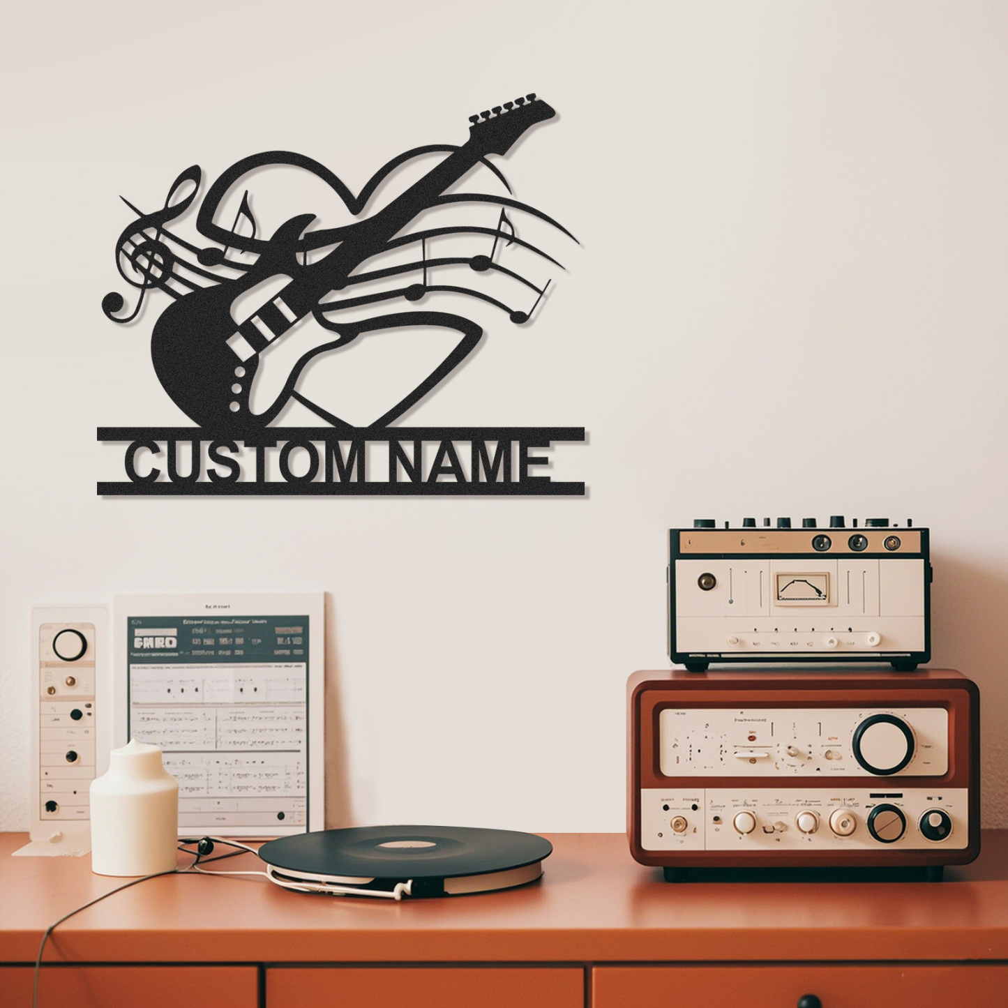 Custom Electric Guitar Metal Sign with Heart and Music Notes, Personalized Wall Decor Gift for Couples or Teens