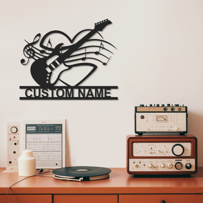 Custom Electric Guitar Metal Sign with Heart and Music Notes, Personalized Wall Decor Gift for Couples or Teens