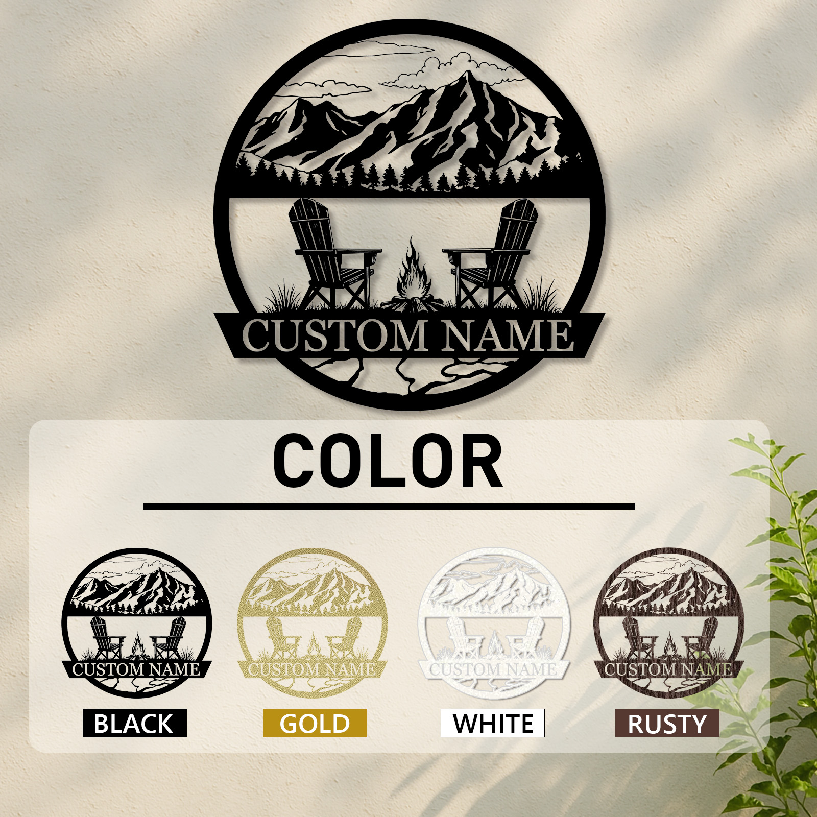 Custom Mountain Firepit Metal Sign, Personalized Chair and Peak Scene Wall Art for Cabin, Backyard or Outdoor Retreat Decor