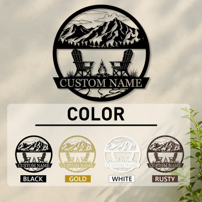 Custom Mountain Firepit Metal Sign, Personalized Chair and Peak Scene Wall Art for Cabin, Backyard or Outdoor Retreat Decor