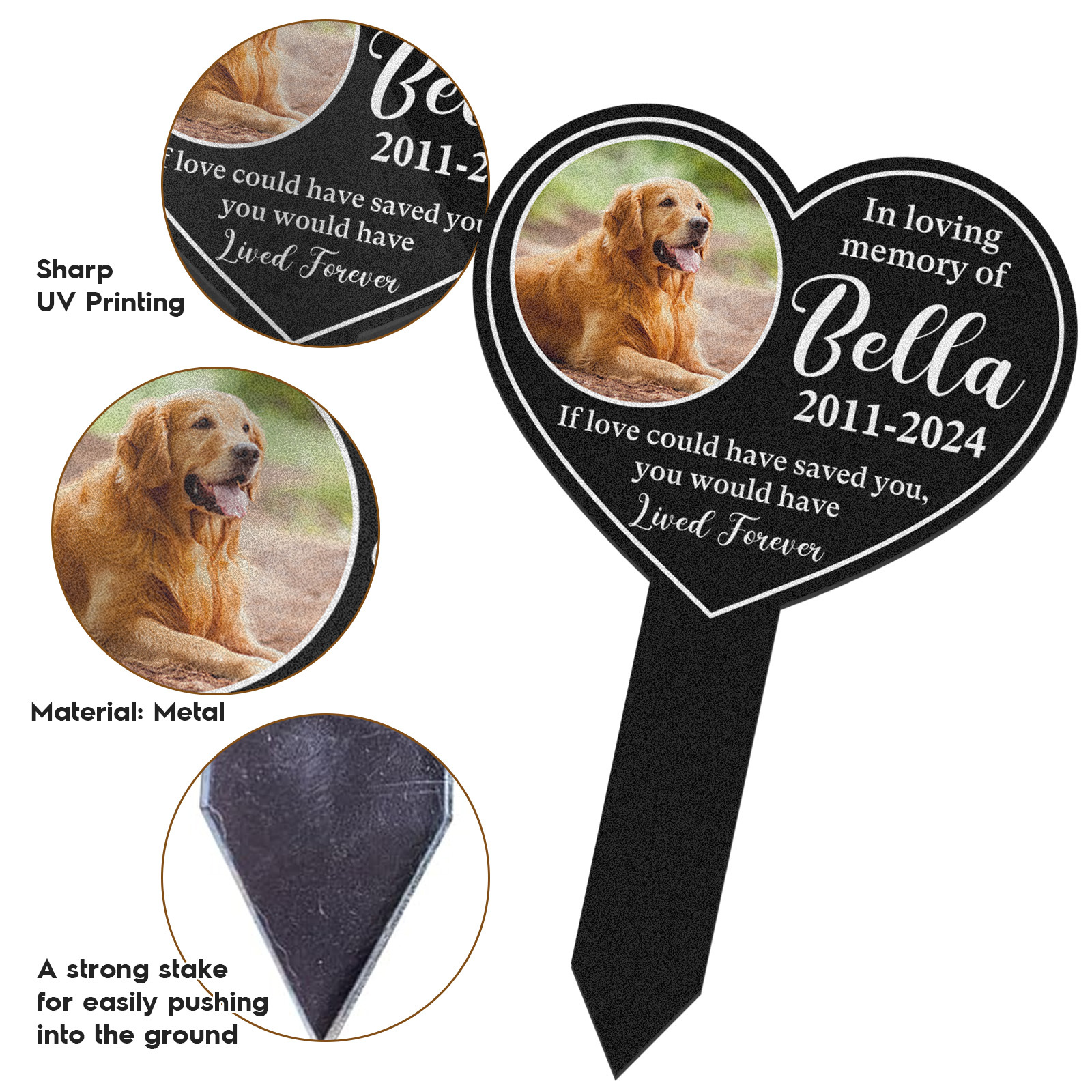Custom Pet Memorial Photo Garden Stake, Heart Shaped Dog Loss Grave Marker with Name and Dates