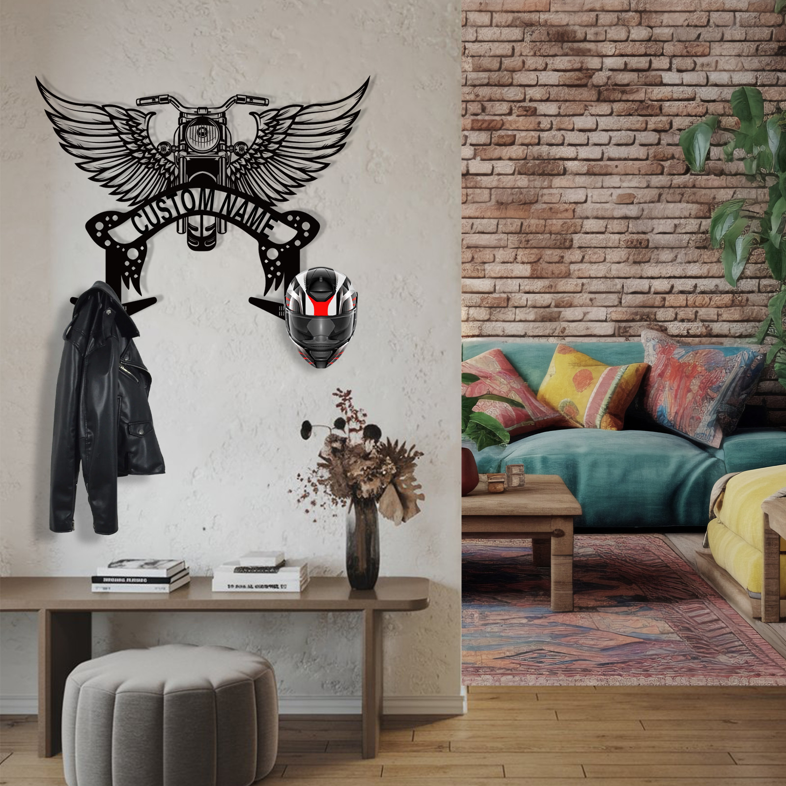Personalized Winged Motorcycle Helmet Holder Wall Mount, Custom Metal Name Hook Rack, Biker Wall Art Organizer for Helmet, Jacket, Keys, or Gear