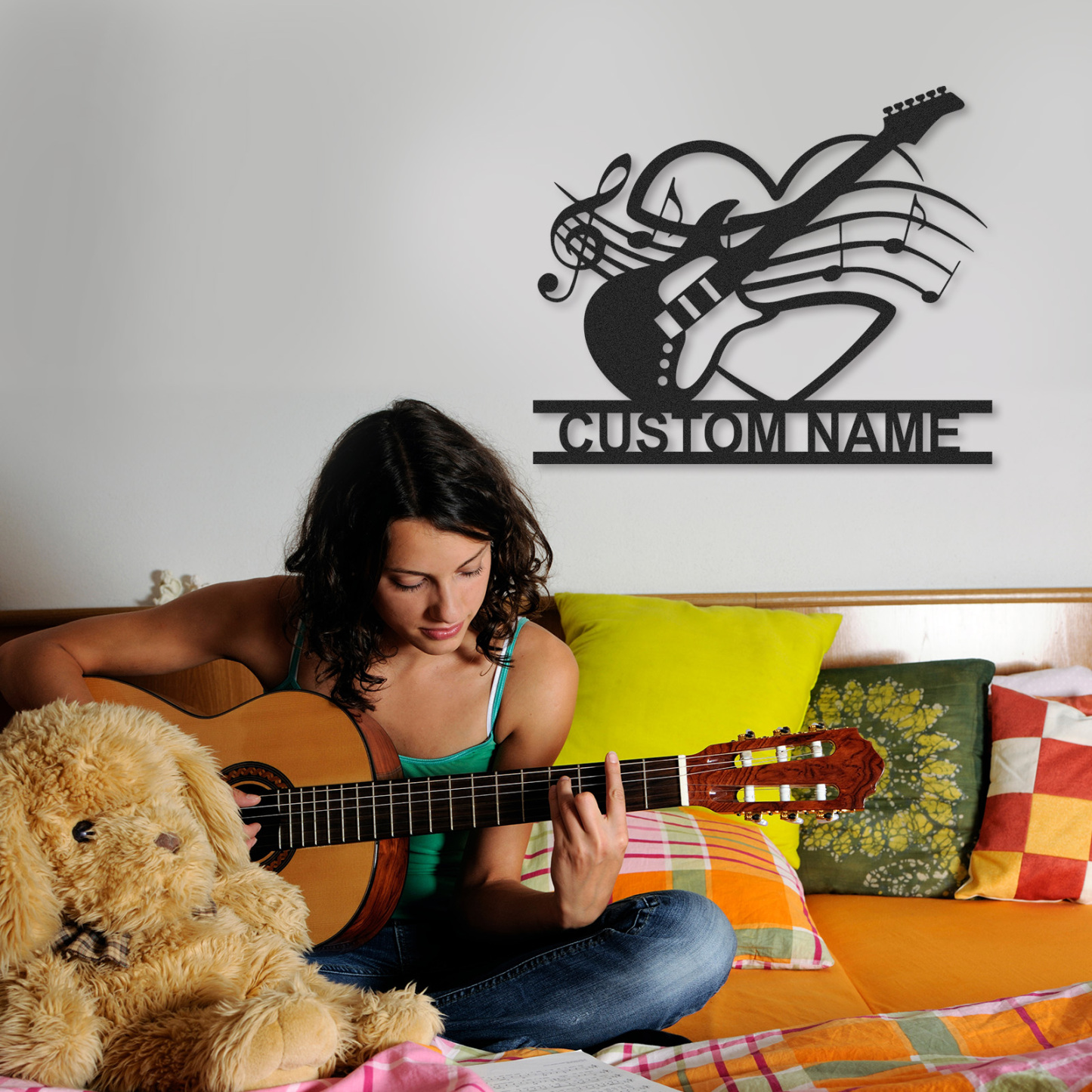 Custom Electric Guitar Metal Sign with Heart and Music Notes, Personalized Wall Decor Gift for Couples or Teens