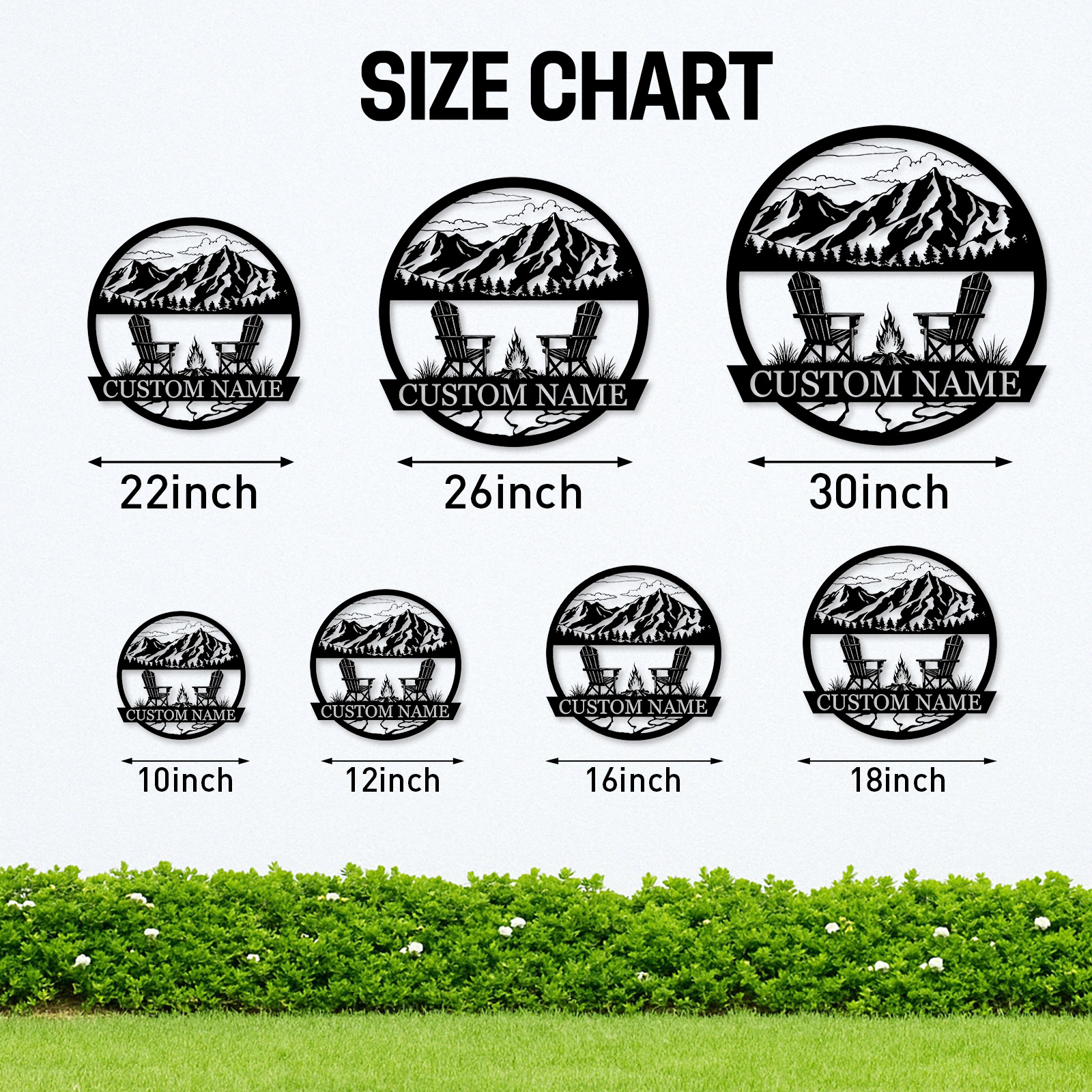 Custom Mountain Firepit Metal Sign, Personalized Chair and Peak Scene Wall Art for Cabin, Backyard or Outdoor Retreat Decor