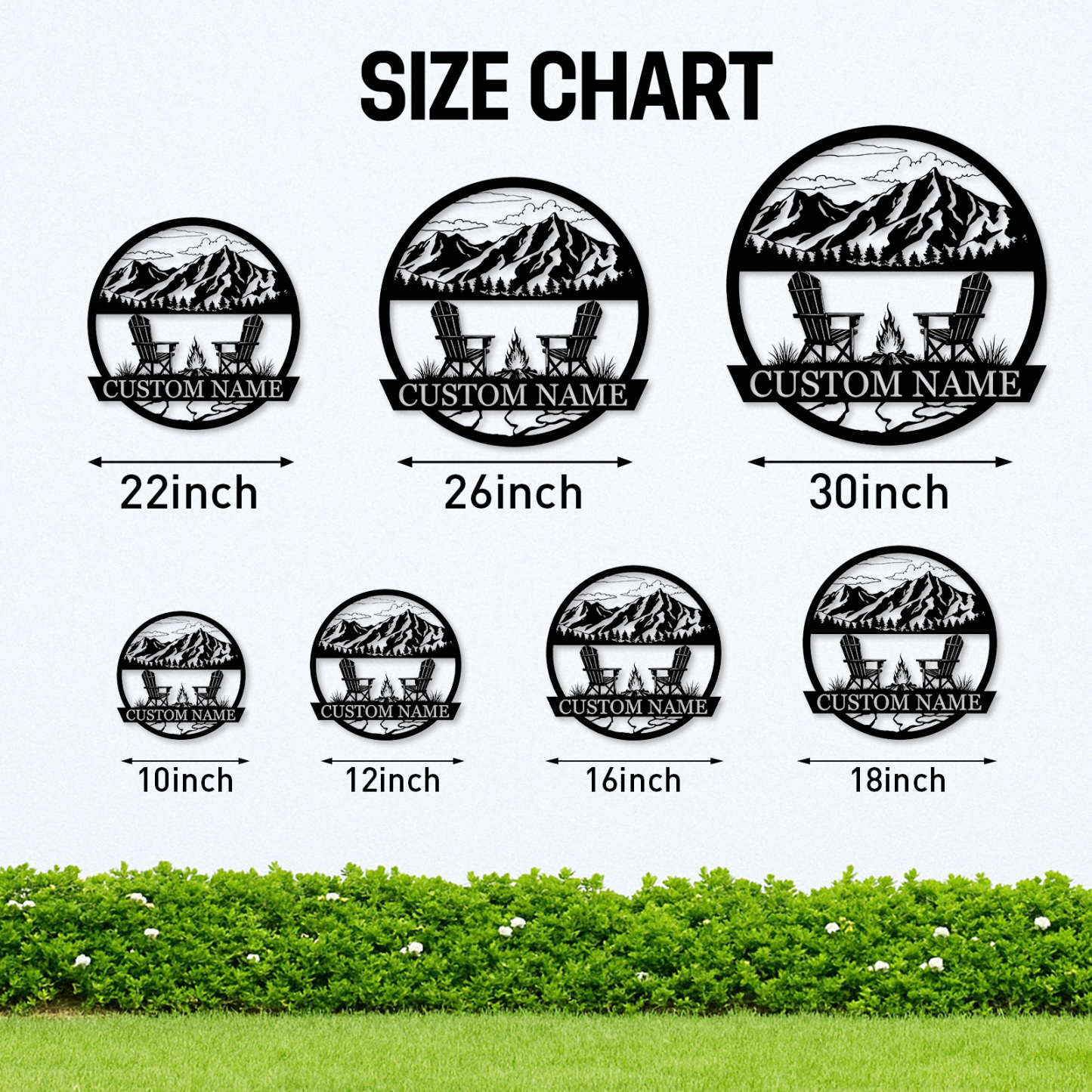 Custom Mountain Firepit Metal Sign, Personalized Chair and Peak Scene Wall Art for Cabin, Backyard or Outdoor Retreat Decor