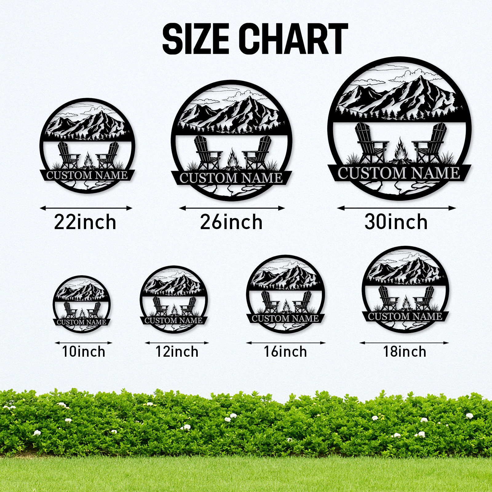 Custom Mountain Firepit Metal Sign, Personalized Chair and Peak Scene Wall Art for Cabin, Backyard or Outdoor Retreat Decor