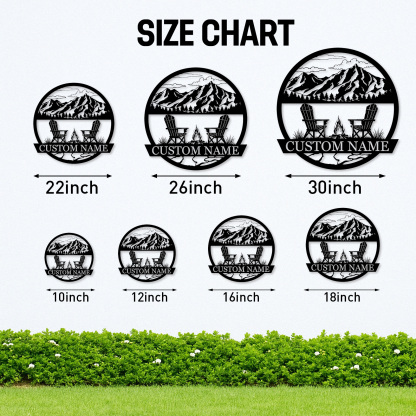 Custom Mountain Firepit Metal Sign, Personalized Chair and Peak Scene Wall Art for Cabin, Backyard or Outdoor Retreat Decor