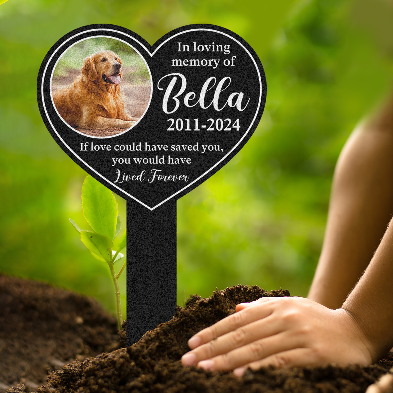 Custom Pet Memorial Photo Garden Stake, Heart Shaped Dog Loss Grave Marker with Name and Dates