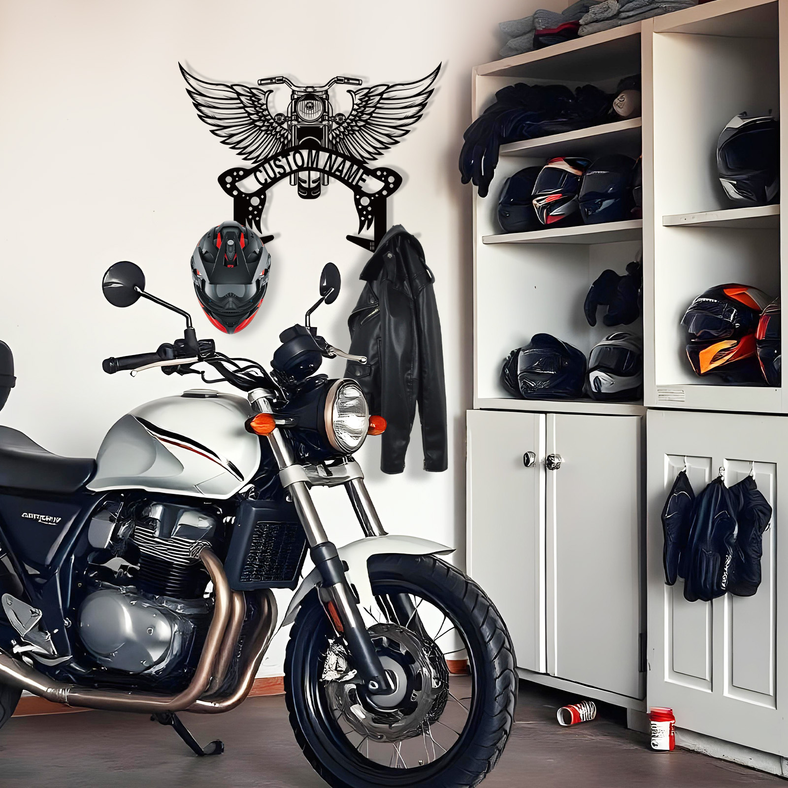 Personalized Winged Motorcycle Helmet Holder Wall Mount, Custom Metal Name Hook Rack, Biker Wall Art Organizer for Helmet, Jacket, Keys, or Gear
