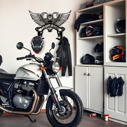 Personalized Winged Motorcycle Helmet Holder Wall Mount, Custom Metal Name Hook Rack, Biker Wall Art Organizer for Helmet, Jacket, Keys, or Gear
