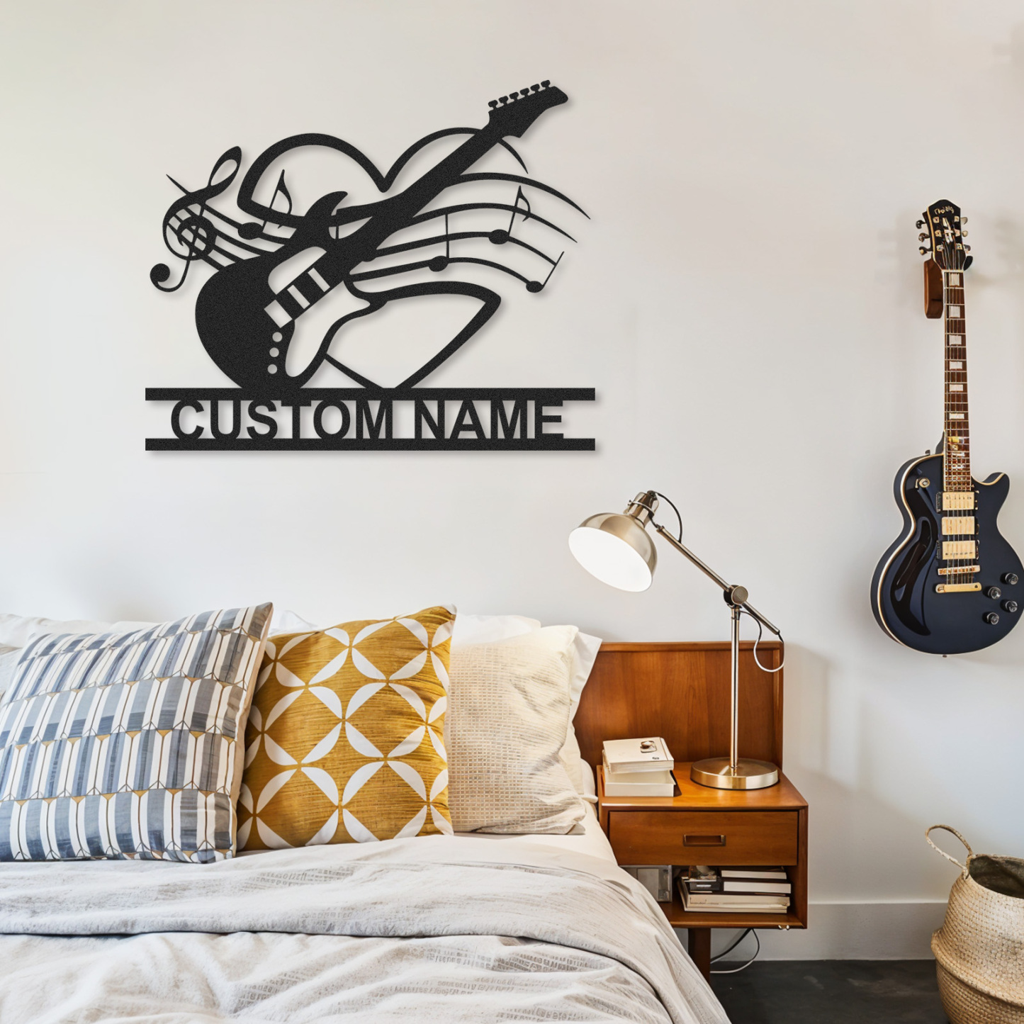 Custom Electric Guitar Metal Sign with Heart and Music Notes, Personalized Wall Decor Gift for Couples or Teens