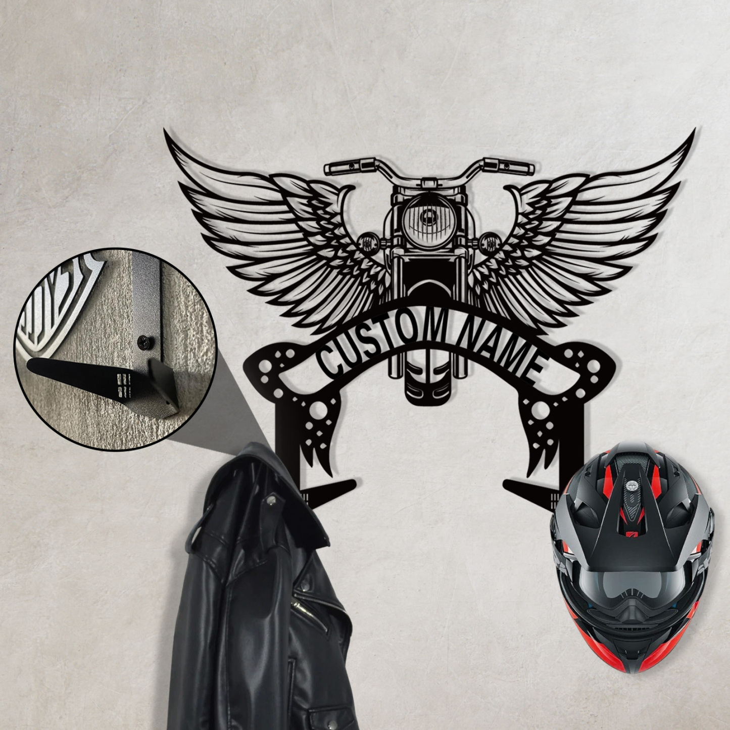Personalized Winged Motorcycle Helmet Holder Wall Mount, Custom Metal Name Hook Rack, Biker Wall Art Organizer for Helmet, Jacket, Keys, or Gear