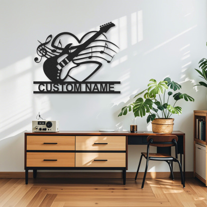 Custom Electric Guitar Metal Sign with Heart and Music Notes, Personalized Wall Decor Gift for Couples or Teens