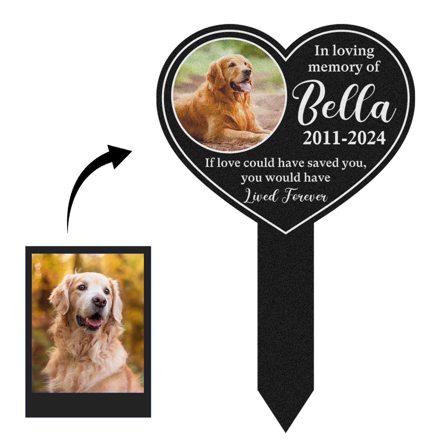 Custom Pet Memorial Photo Garden Stake, Heart Shaped Dog Loss Grave Marker with Name and Dates