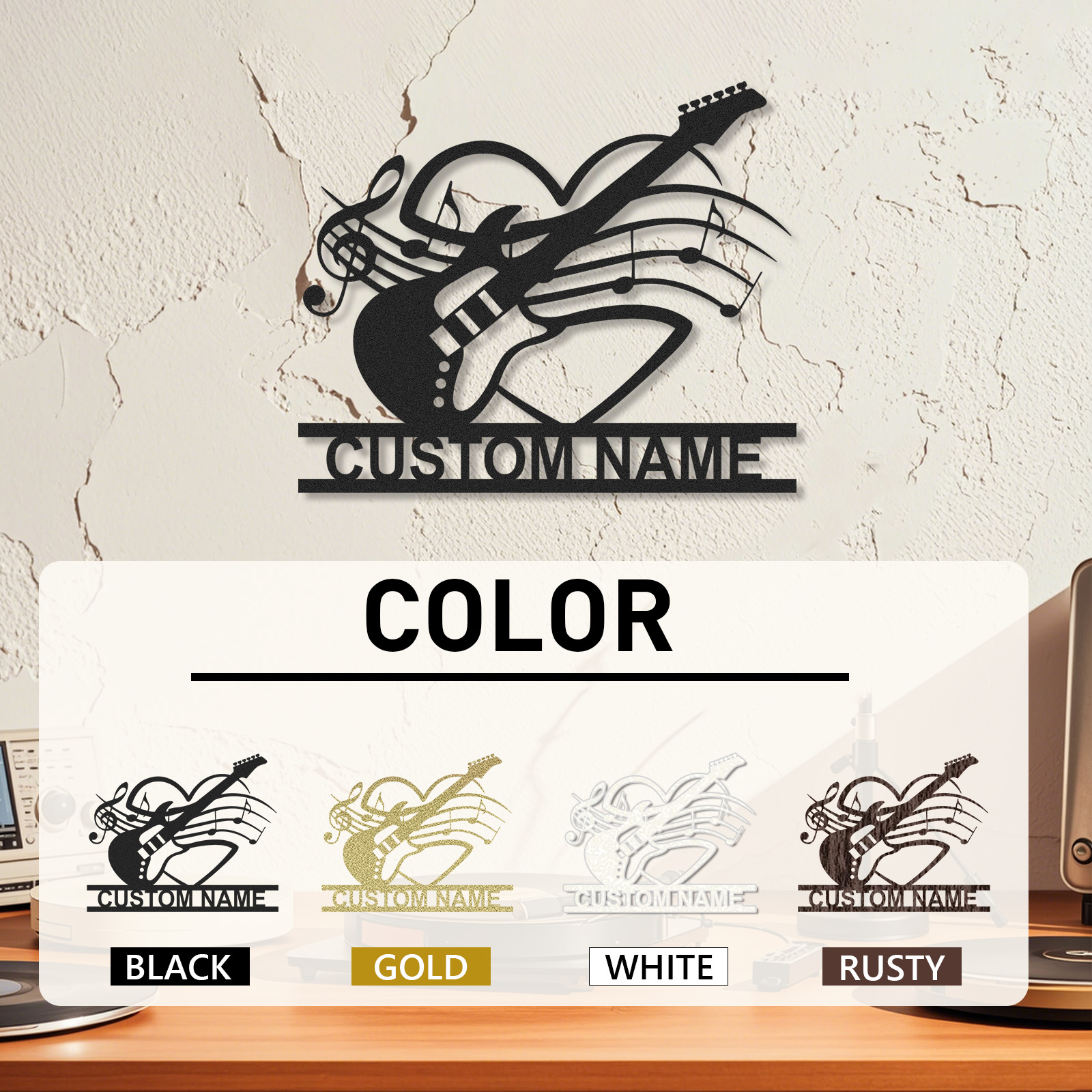 Custom Electric Guitar Metal Sign with Heart and Music Notes, Personalized Wall Decor Gift for Couples or Teens