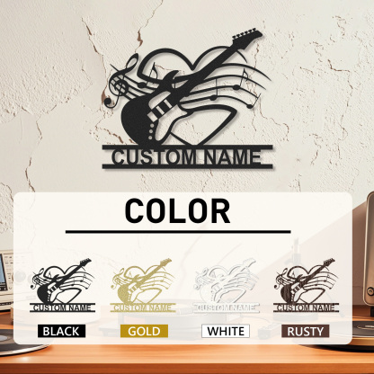 Custom Electric Guitar Metal Sign with Heart and Music Notes, Personalized Wall Decor Gift for Couples or Teens