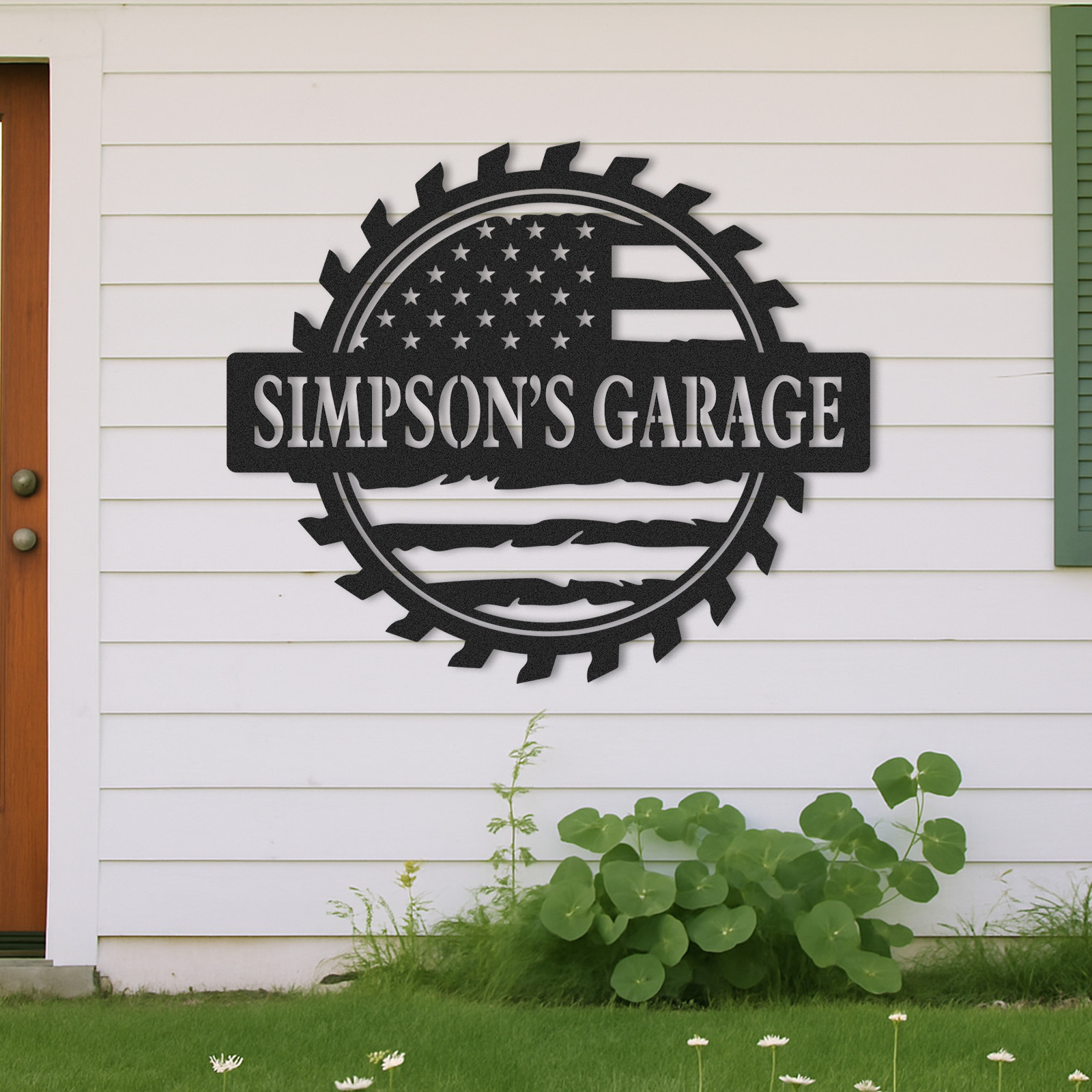 Custom Garage Metal Sign with American Flag, Personalized Workshop Decor for Dad or Grandpa, USA Patriotic Mancave Gift