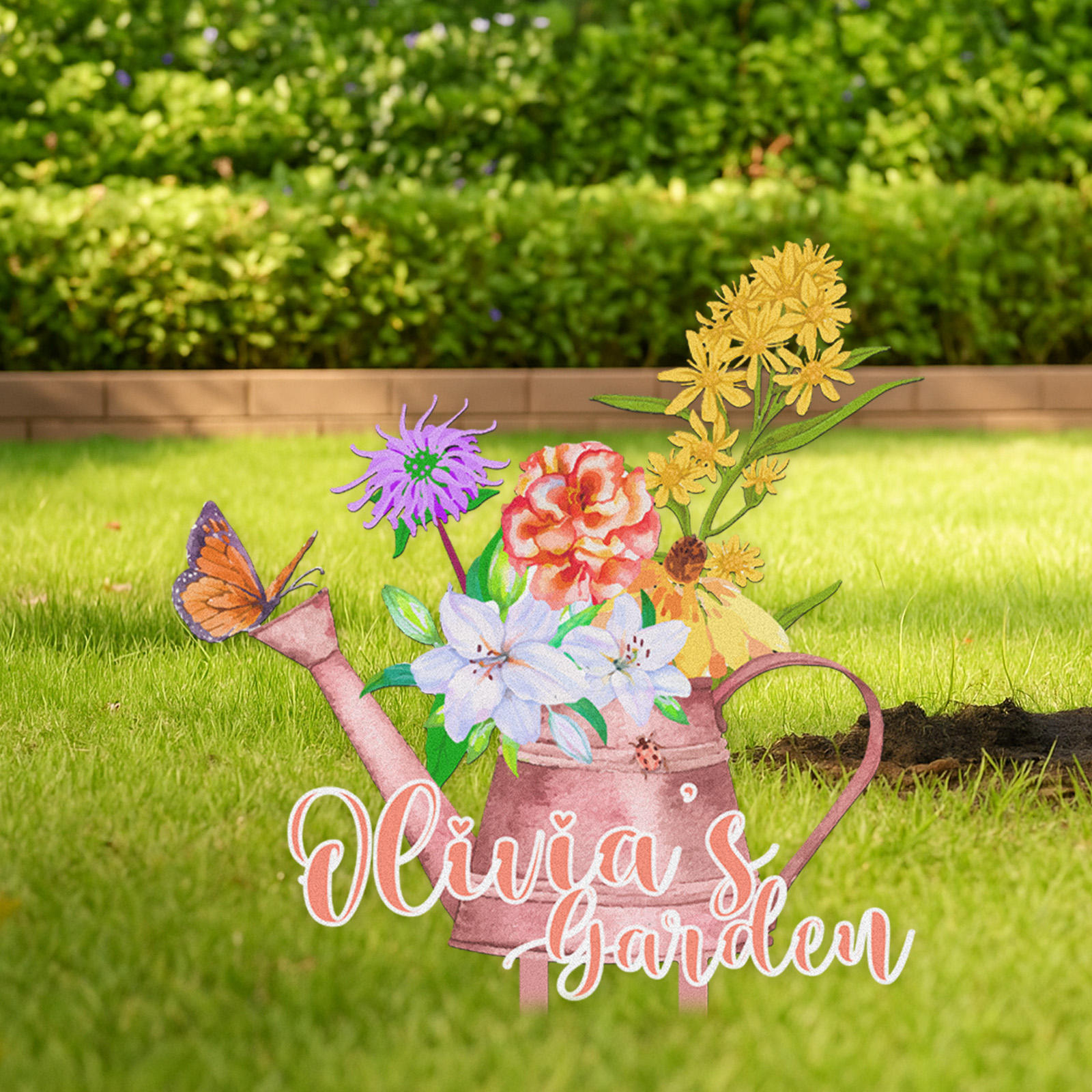 Personalized Garden Sign Watering Can with Flowers, Custom Colorful Metal Garden Stake for Yard, Garden Name Sign with Butterfly Decor Outdoor Garden Gift