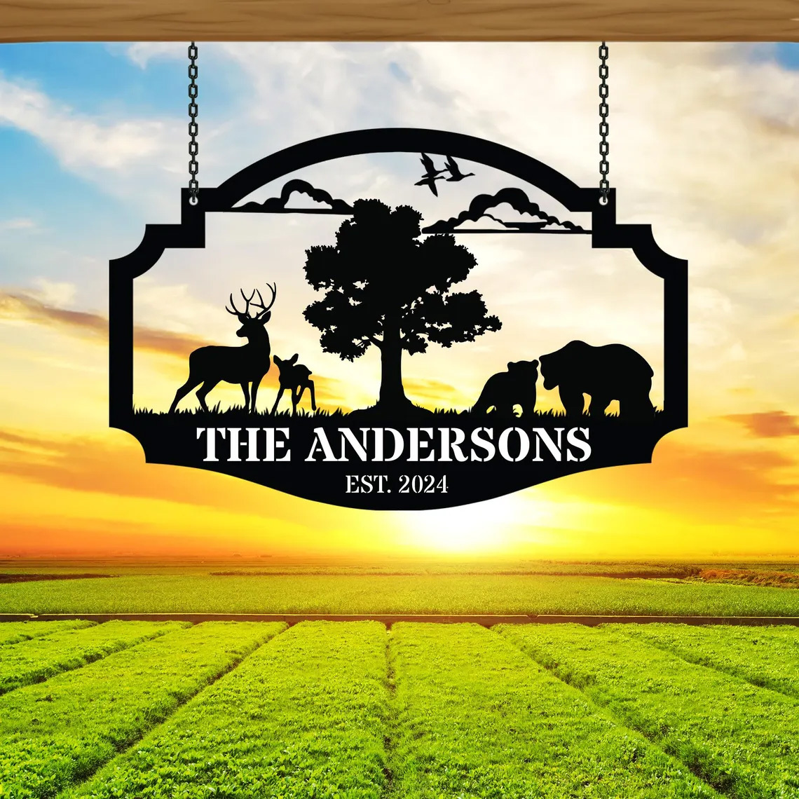 Personalized Wildlife Metal Sign with Deer and Bear Scene, Custom Farmhouse or Cabin Hanging Sign, Rustic Outdoor Decor, Established Year Gift for Nature Lovers