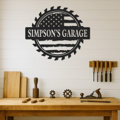 Custom Garage Metal Sign with American Flag, Personalized Workshop Decor for Dad or Grandpa, USA Patriotic Mancave Gift