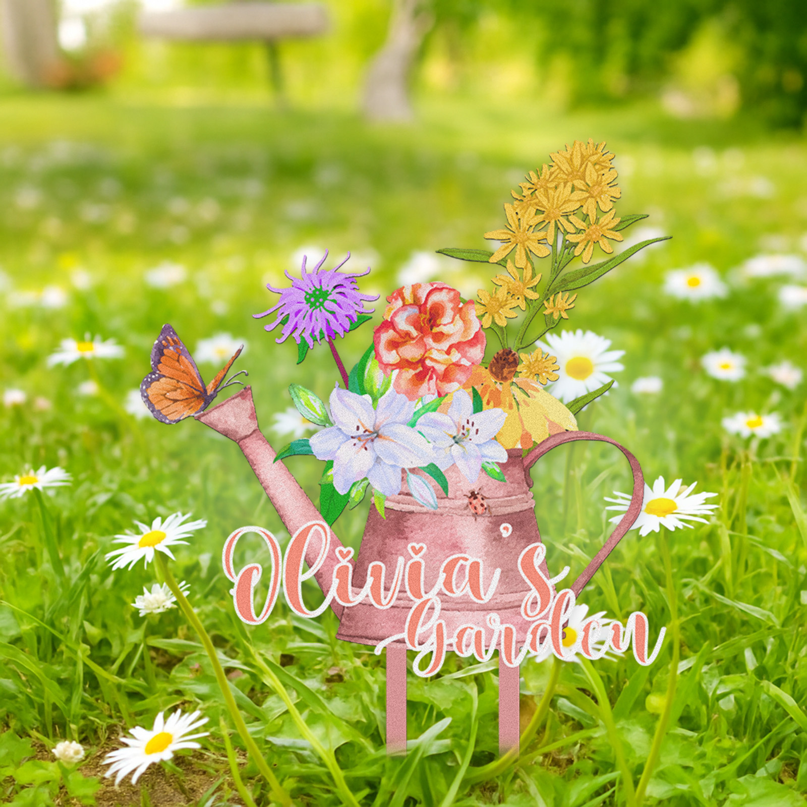 Personalized Garden Sign Watering Can with Flowers, Custom Colorful Metal Garden Stake for Yard, Garden Name Sign with Butterfly Decor Outdoor Garden Gift