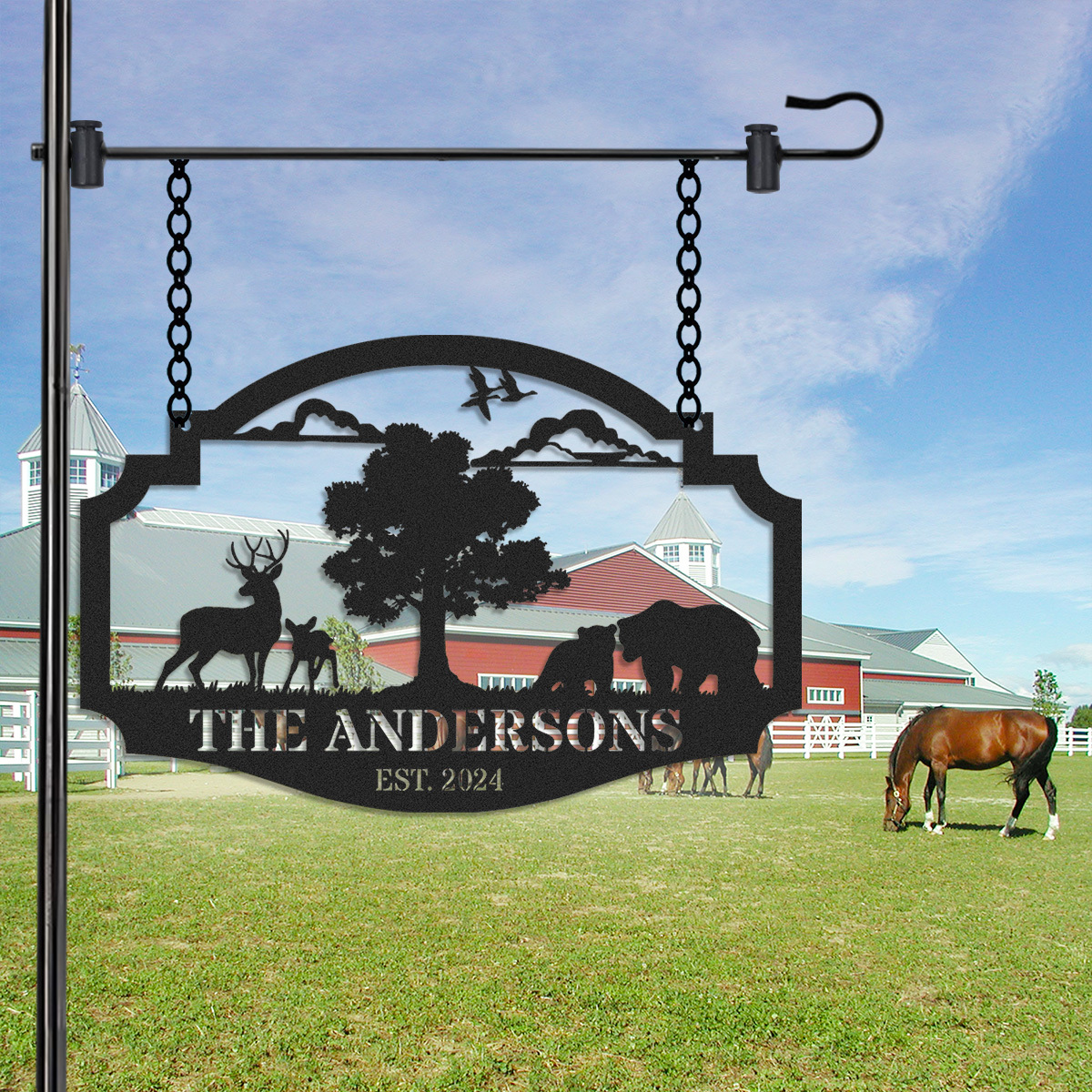 Personalized Wildlife Metal Sign with Deer and Bear Scene, Custom Farmhouse or Cabin Hanging Sign, Rustic Outdoor Decor, Established Year Gift for Nature Lovers