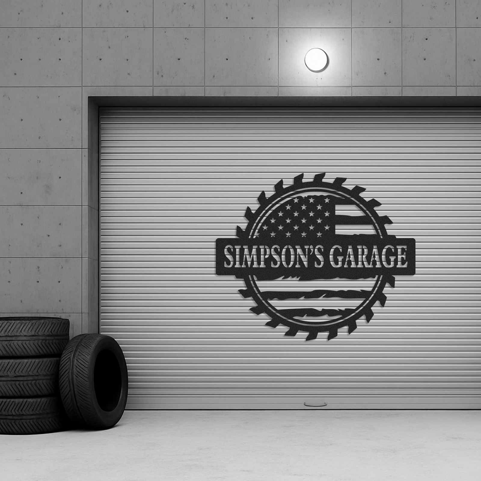 Custom Garage Metal Sign with American Flag, Personalized Workshop Decor for Dad or Grandpa, USA Patriotic Mancave Gift