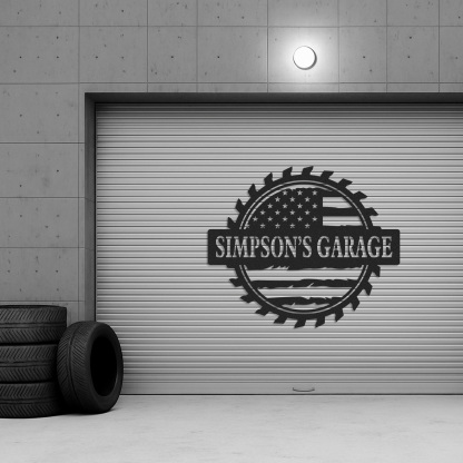 Custom Garage Metal Sign with American Flag, Personalized Workshop Decor for Dad or Grandpa, USA Patriotic Mancave Gift