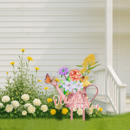 Personalized Garden Sign Watering Can with Flowers, Custom Colorful Metal Garden Stake for Yard, Garden Name Sign with Butterfly Decor Outdoor Garden Gift