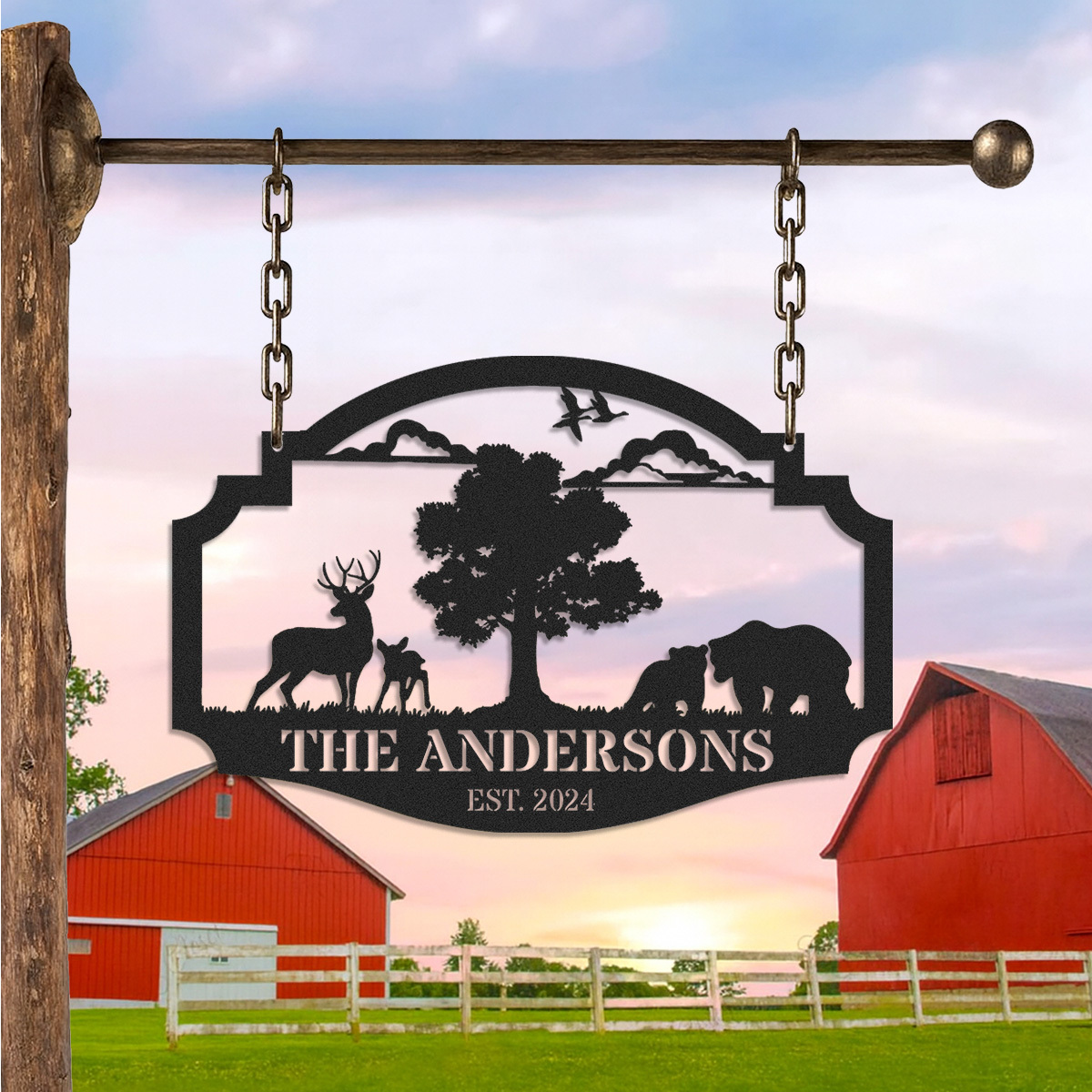 Personalized Wildlife Metal Sign with Deer and Bear Scene, Custom Farmhouse or Cabin Hanging Sign, Rustic Outdoor Decor, Established Year Gift for Nature Lovers