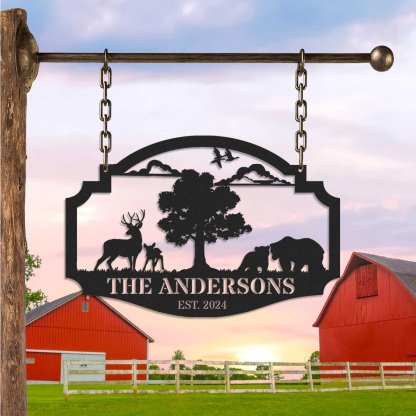 Personalized Wildlife Metal Sign with Deer and Bear Scene, Custom Farmhouse or Cabin Hanging Sign, Rustic Outdoor Decor, Established Year Gift for Nature Lovers