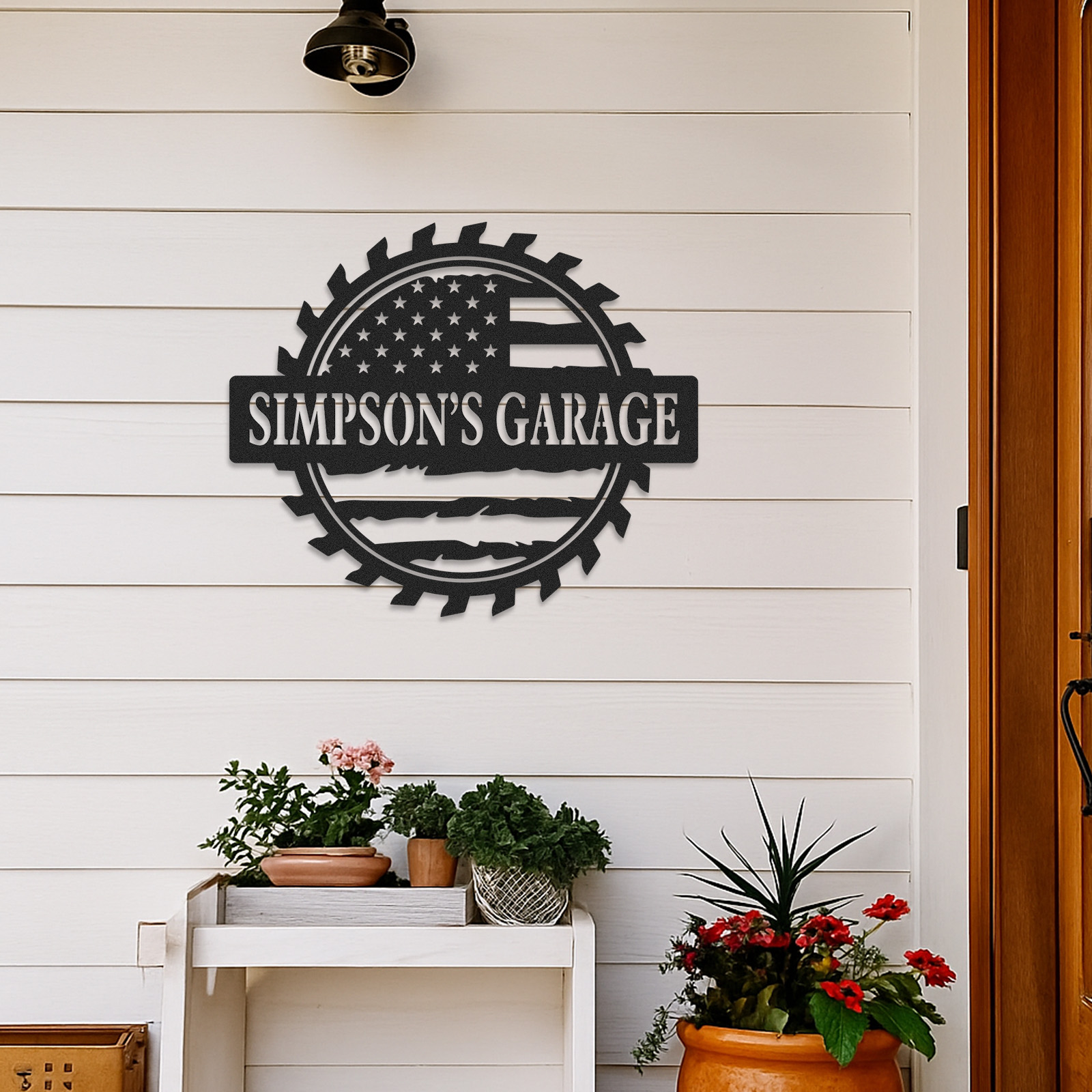 Custom Garage Metal Sign with American Flag, Personalized Workshop Decor for Dad or Grandpa, USA Patriotic Mancave Gift