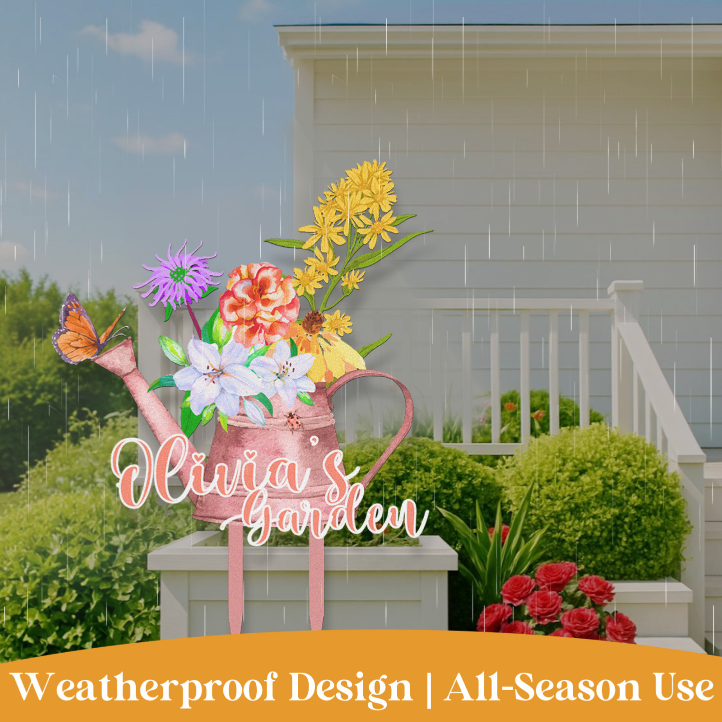 Personalized Garden Sign Watering Can with Flowers, Custom Colorful Metal Garden Stake for Yard, Garden Name Sign with Butterfly Decor Outdoor Garden Gift