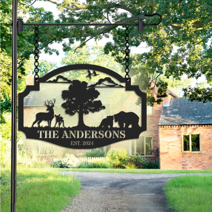 Personalized Wildlife Metal Sign with Deer and Bear Scene, Custom Farmhouse or Cabin Hanging Sign, Rustic Outdoor Decor, Established Year Gift for Nature Lovers