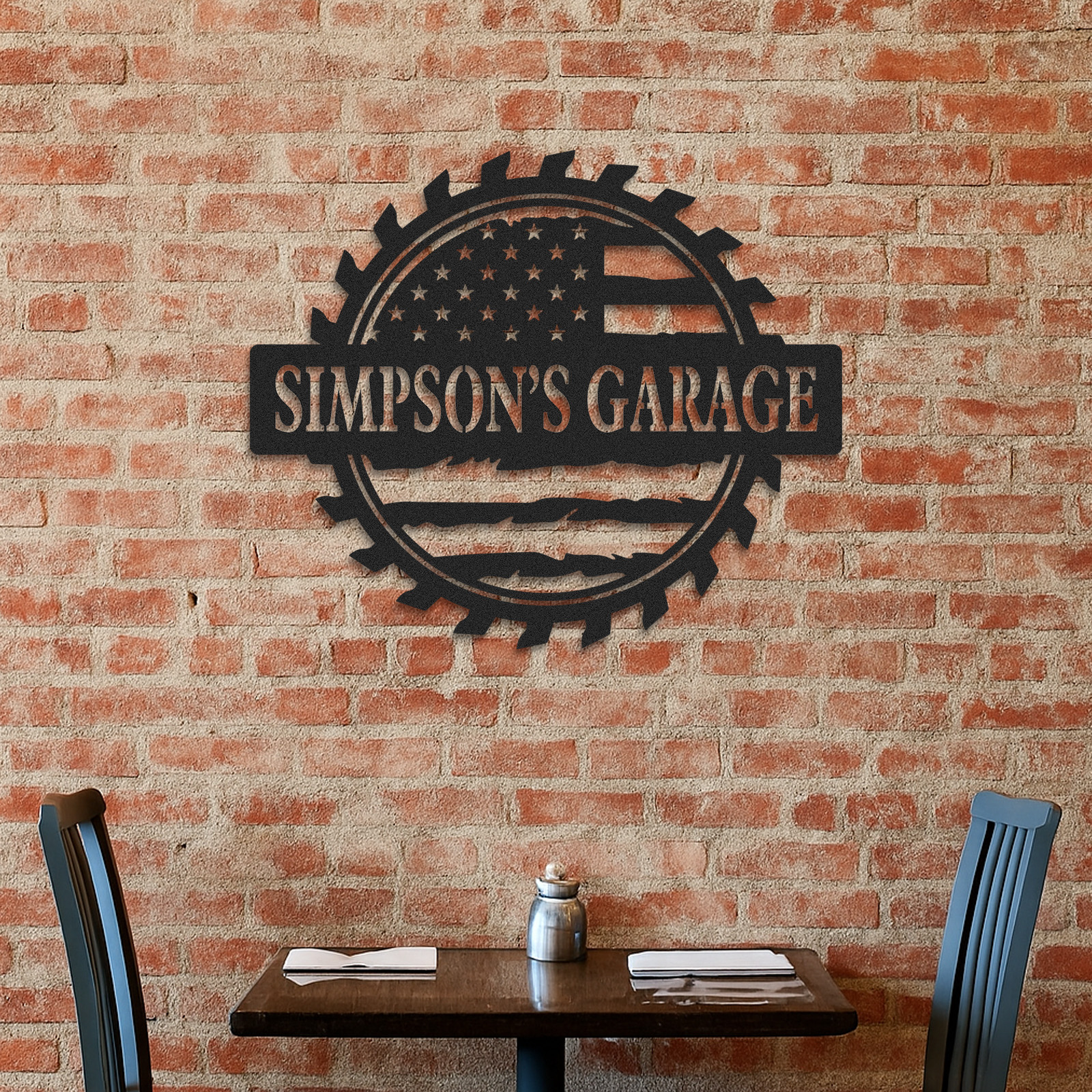 Custom Garage Metal Sign with American Flag, Personalized Workshop Decor for Dad or Grandpa, USA Patriotic Mancave Gift