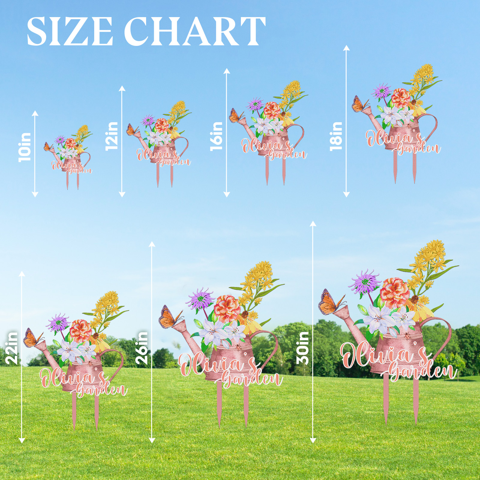 Personalized Garden Sign Watering Can with Flowers, Custom Colorful Metal Garden Stake for Yard, Garden Name Sign with Butterfly Decor Outdoor Garden Gift