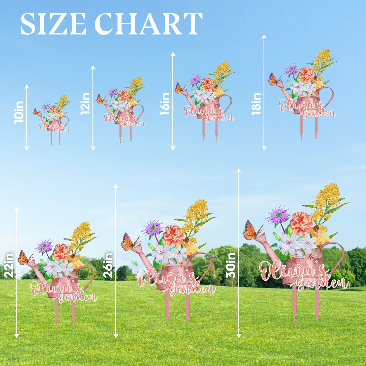 Personalized Garden Sign Watering Can with Flowers, Custom Colorful Metal Garden Stake for Yard, Garden Name Sign with Butterfly Decor Outdoor Garden Gift