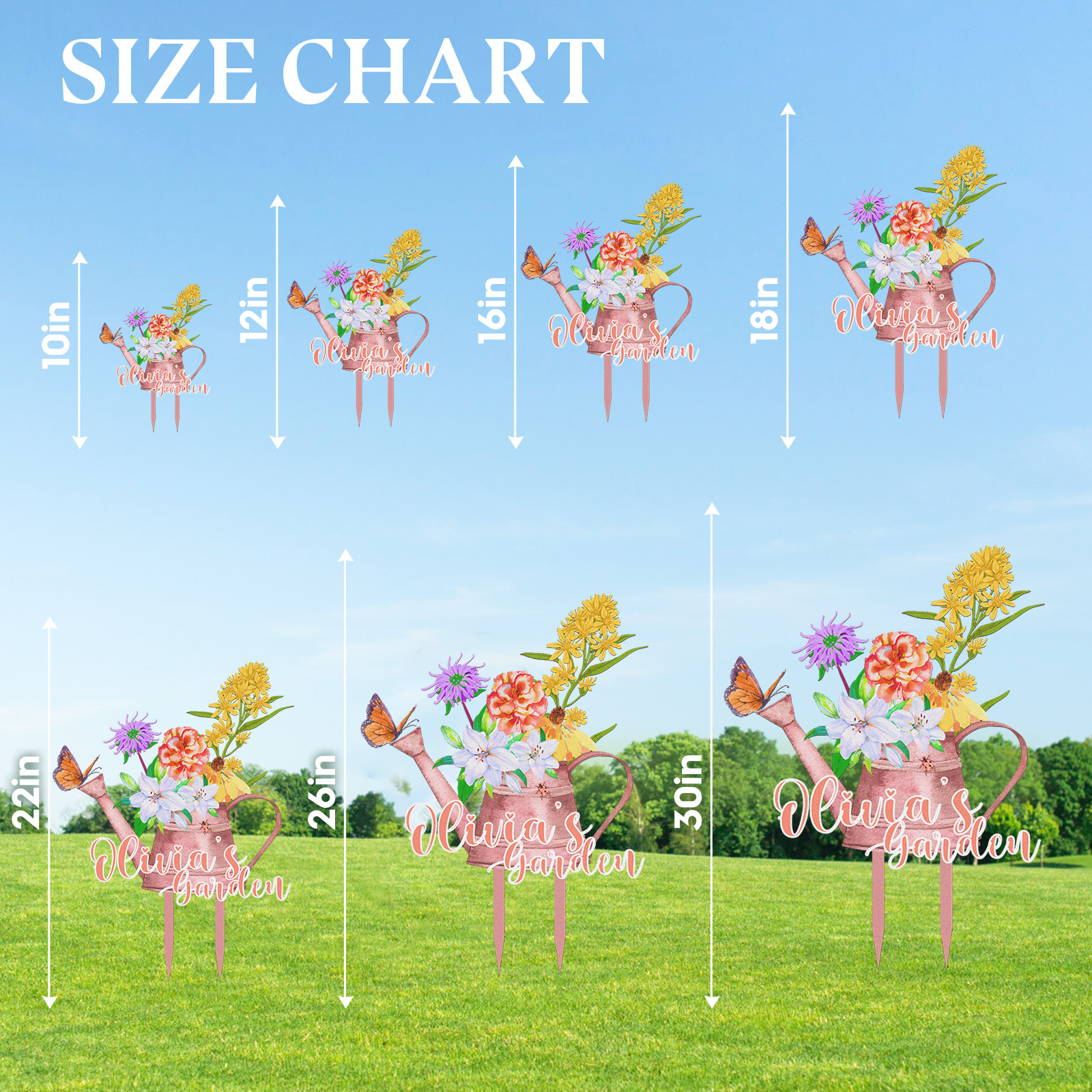 Personalized Garden Sign Watering Can with Flowers, Custom Colorful Metal Garden Stake for Yard, Garden Name Sign with Butterfly Decor Outdoor Garden Gift