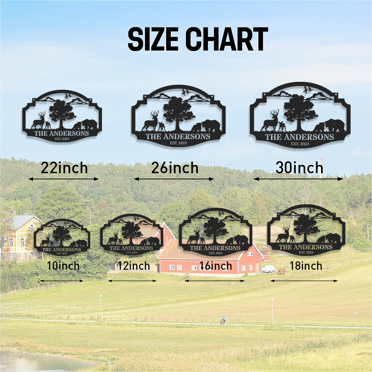 Personalized Wildlife Metal Sign with Deer and Bear Scene, Custom Farmhouse or Cabin Hanging Sign, Rustic Outdoor Decor, Established Year Gift for Nature Lovers