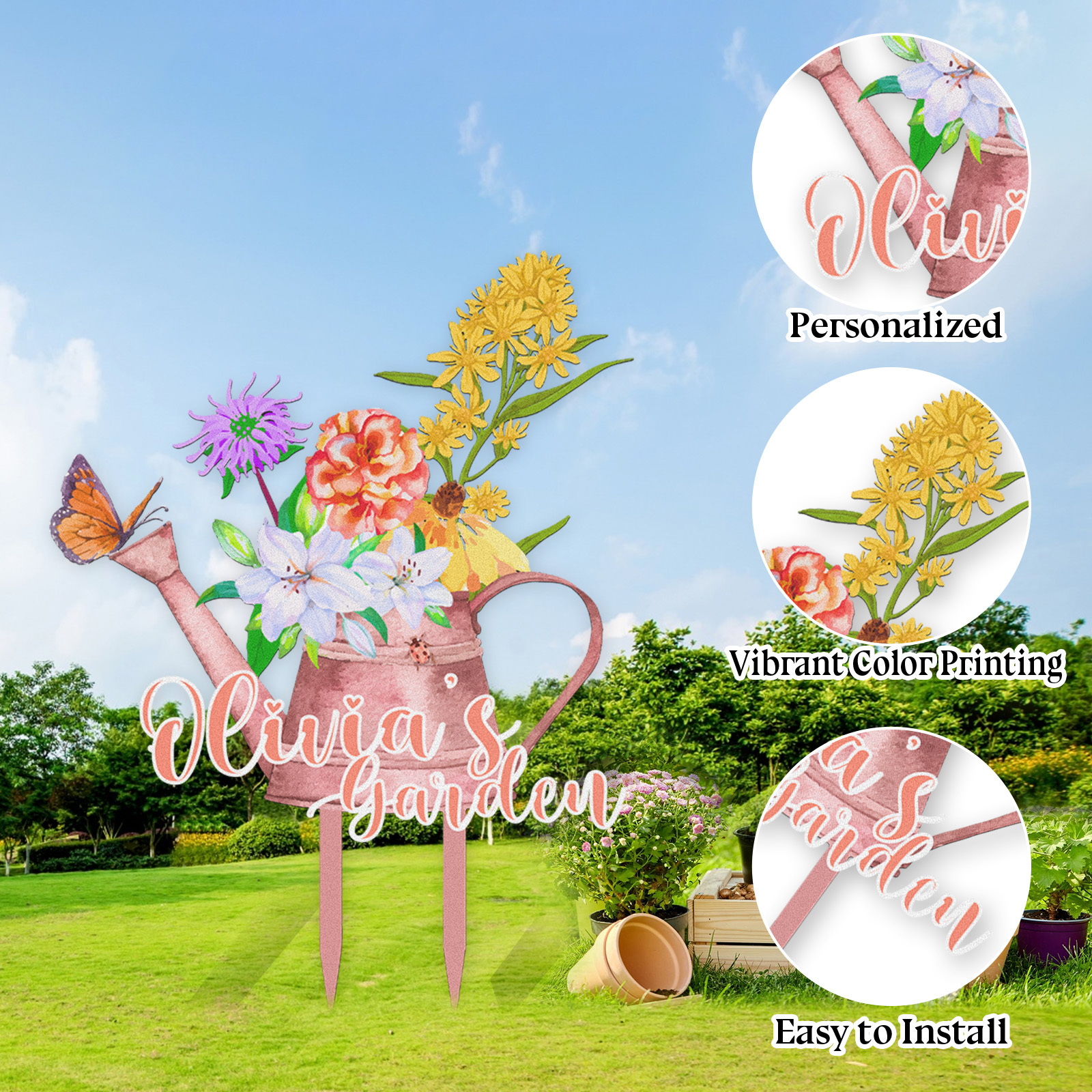 Personalized Garden Sign Watering Can with Flowers, Custom Colorful Metal Garden Stake for Yard, Garden Name Sign with Butterfly Decor Outdoor Garden Gift