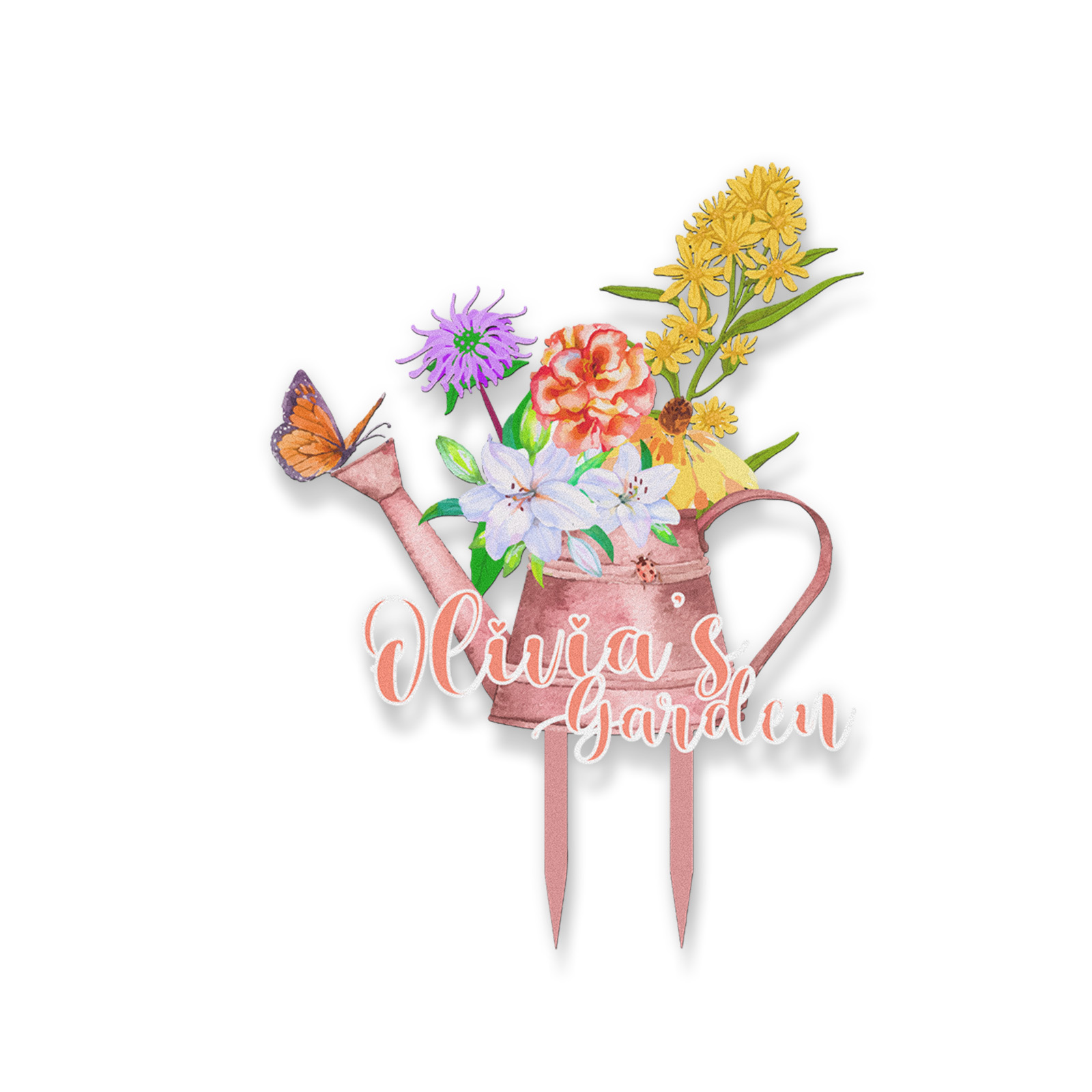 Personalized Garden Sign Watering Can with Flowers, Custom Colorful Metal Garden Stake for Yard, Garden Name Sign with Butterfly Decor Outdoor Garden Gift