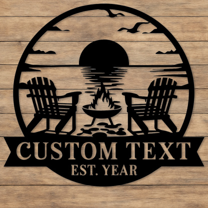 Custom Lake Sunset Metal Sign, Personalized Firepit and Adirondack Chair Wall Art for Cabin, Porch, or Backyard Outdoor Decor
