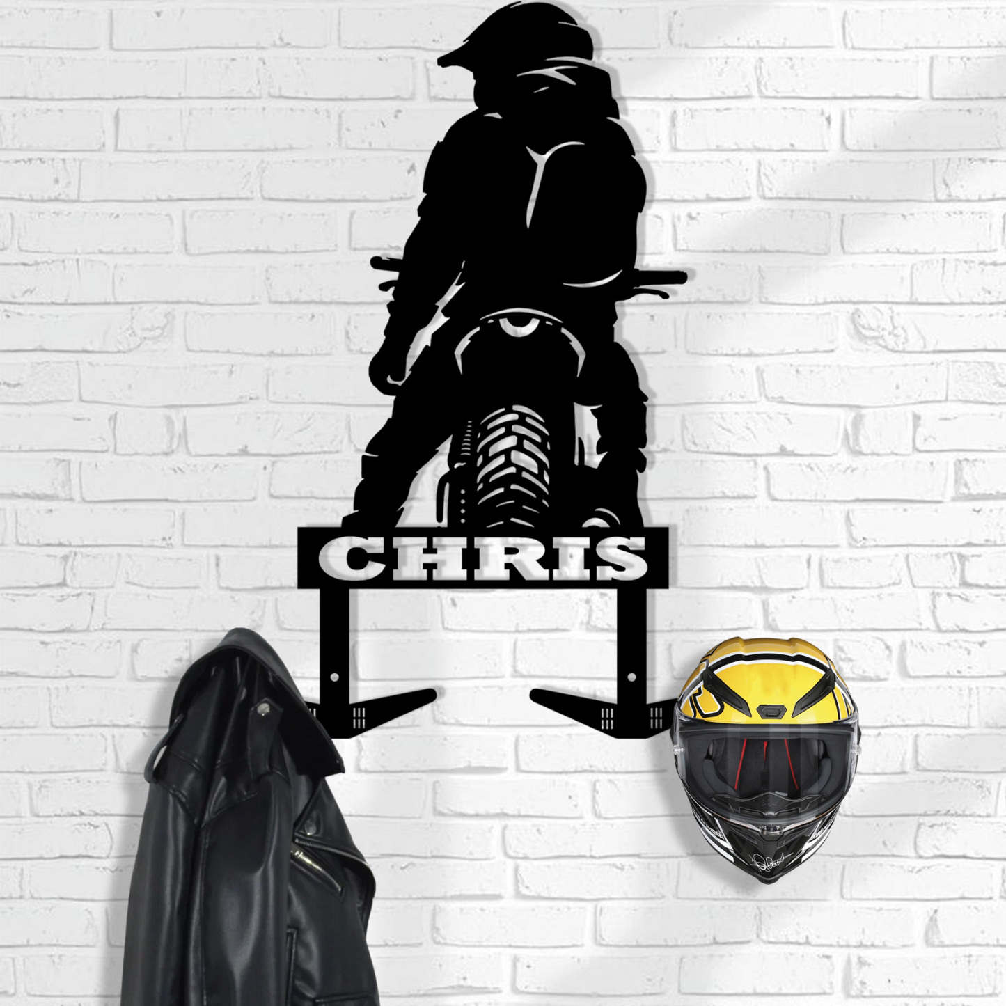 Custom Motorcycle Rider Helmet Holder Wall Hook, Personalized Metal Wall Mount Rack with Name for Biker Helmet, Jacket, Keys, or Garage Decor
