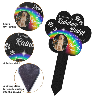 Rainbow Bridge Pet Memorial Stake, Custom Paw Shaped Photo Grave Marker for Dogs or Cats